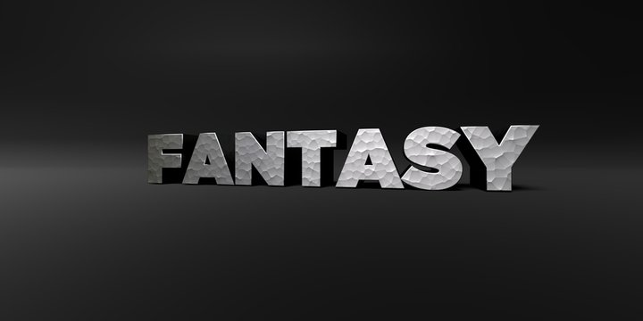 FANTASY - hammered metal finish text on black studio - 3D rendered royalty free stock photo. This image can be used for an online website banner ad or a print postcard.