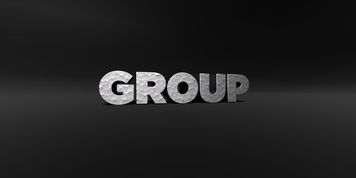GROUP - hammered metal finish text on black studio - 3D rendered royalty free stock photo. This image can be used for an online website banner ad or a print postcard.