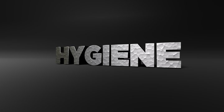 HYGIENE - hammered metal finish text on black studio - 3D rendered royalty free stock photo. This image can be used for an online website banner ad or a print postcard.