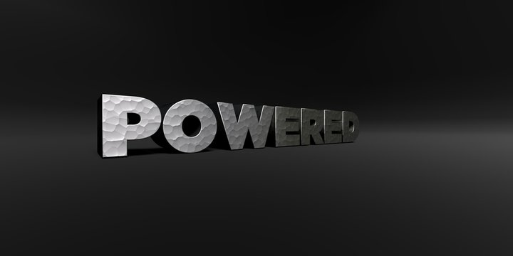 POWERED - hammered metal finish text on black studio - 3D rendered royalty free stock photo. This image can be used for an online website banner ad or a print postcard.