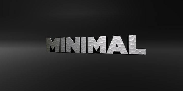 MINIMAL - hammered metal finish text on black studio - 3D rendered royalty free stock photo. This image can be used for an online website banner ad or a print postcard.