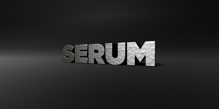 SERUM - hammered metal finish text on black studio - 3D rendered royalty free stock photo. This image can be used for an online website banner ad or a print postcard.