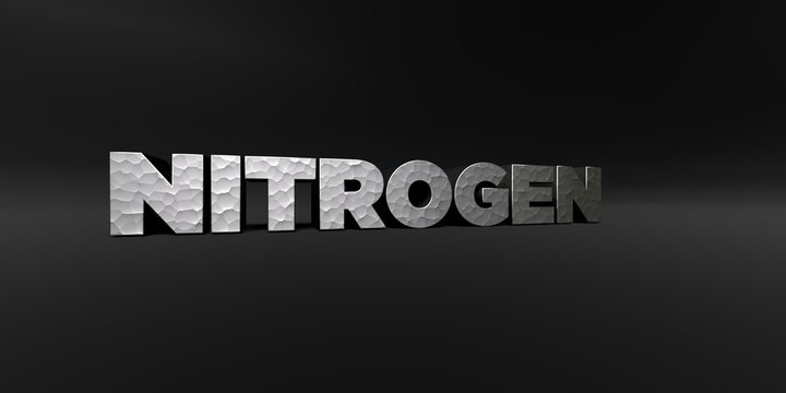 NITROGEN - hammered metal finish text on black studio - 3D rendered royalty free stock photo. This image can be used for an online website banner ad or a print postcard.