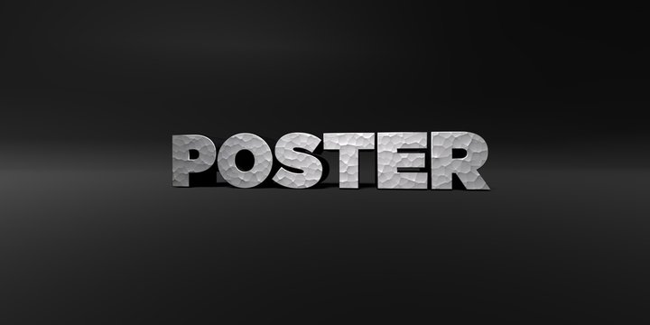 POSTER - hammered metal finish text on black studio - 3D rendered royalty free stock photo. This image can be used for an online website banner ad or a print postcard.