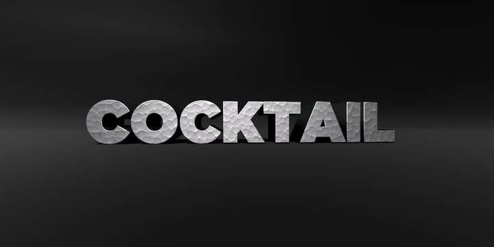 COCKTAIL - hammered metal finish text on black studio - 3D rendered royalty free stock photo. This image can be used for an online website banner ad or a print postcard.