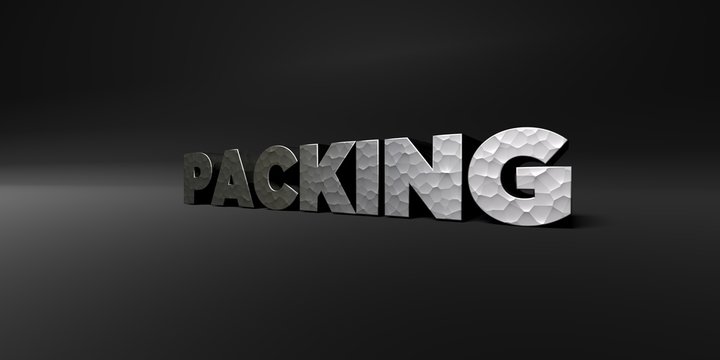 PACKING - hammered metal finish text on black studio - 3D rendered royalty free stock photo. This image can be used for an online website banner ad or a print postcard.