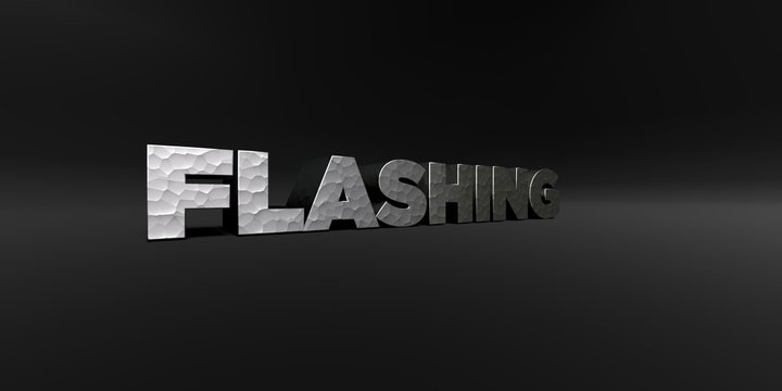 FLASHING - hammered metal finish text on black studio - 3D rendered royalty free stock photo. This image can be used for an online website banner ad or a print postcard.
