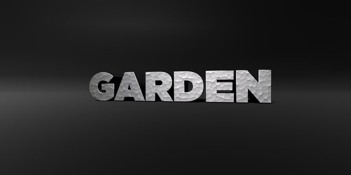 GARDEN - hammered metal finish text on black studio - 3D rendered royalty free stock photo. This image can be used for an online website banner ad or a print postcard.