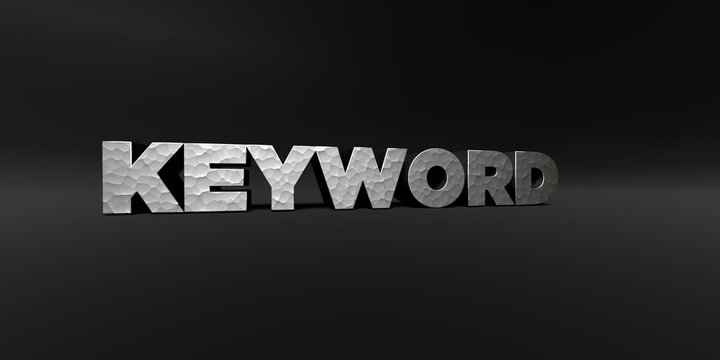 KEYWORD - hammered metal finish text on black studio - 3D rendered royalty free stock photo. This image can be used for an online website banner ad or a print postcard.