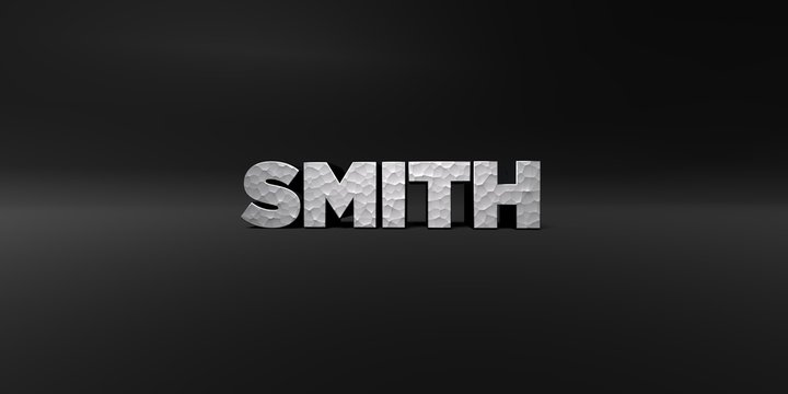 SMITH - hammered metal finish text on black studio - 3D rendered royalty free stock photo. This image can be used for an online website banner ad or a print postcard.