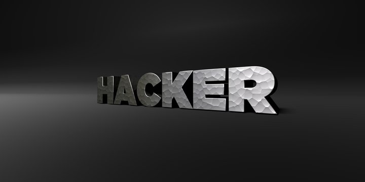 HACKER - hammered metal finish text on black studio - 3D rendered royalty free stock photo. This image can be used for an online website banner ad or a print postcard.