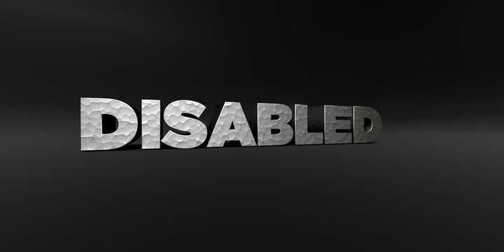 DISABLED - hammered metal finish text on black studio - 3D rendered royalty free stock photo. This image can be used for an online website banner ad or a print postcard.