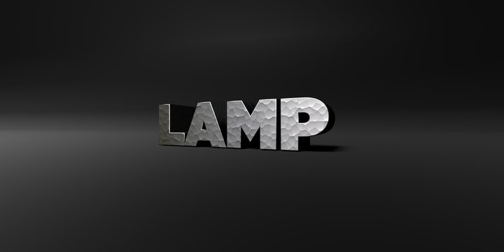 LAMP - hammered metal finish text on black studio - 3D rendered royalty free stock photo. This image can be used for an online website banner ad or a print postcard.