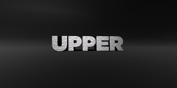 UPPER - hammered metal finish text on black studio - 3D rendered royalty free stock photo. This image can be used for an online website banner ad or a print postcard.