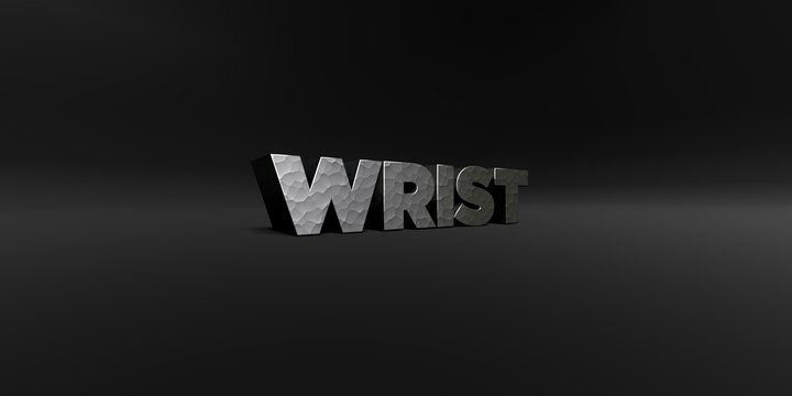 WRIST - hammered metal finish text on black studio - 3D rendered royalty free stock photo. This image can be used for an online website banner ad or a print postcard.