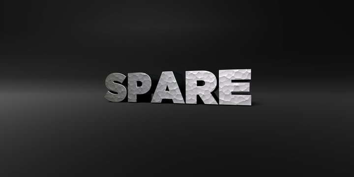 SPARE - hammered metal finish text on black studio - 3D rendered royalty free stock photo. This image can be used for an online website banner ad or a print postcard.