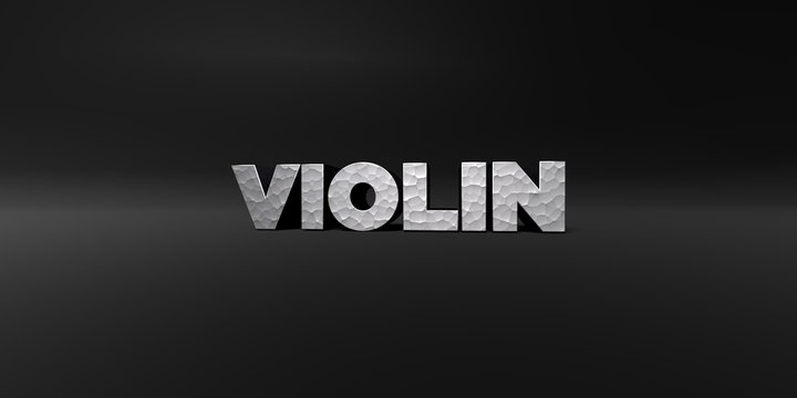 VIOLIN - hammered metal finish text on black studio - 3D rendered royalty free stock photo. This image can be used for an online website banner ad or a print postcard.