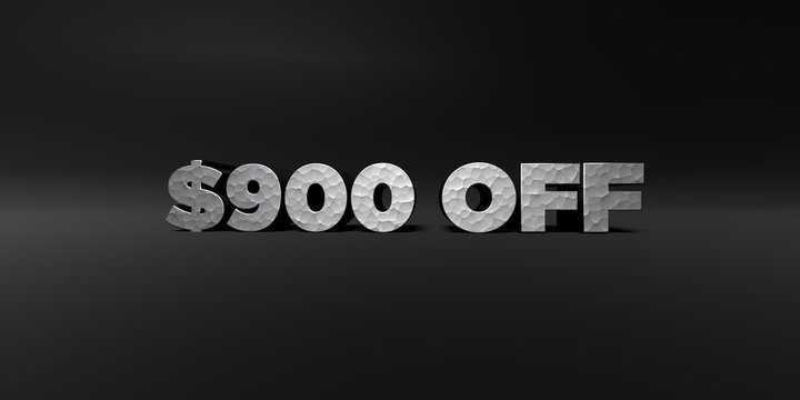 $900 OFF - hammered metal finish text on black studio - 3D rendered royalty free stock photo. This image can be used for an online website banner ad or a print postcard.