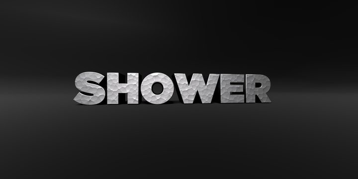 SHOWER - hammered metal finish text on black studio - 3D rendered royalty free stock photo. This image can be used for an online website banner ad or a print postcard.