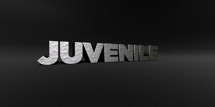 JUVENILE - hammered metal finish text on black studio - 3D rendered royalty free stock photo. This image can be used for an online website banner ad or a print postcard.
