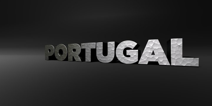 PORTUGAL - hammered metal finish text on black studio - 3D rendered royalty free stock photo. This image can be used for an online website banner ad or a print postcard.