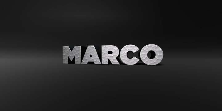 MARCO - hammered metal finish text on black studio - 3D rendered royalty free stock photo. This image can be used for an online website banner ad or a print postcard.