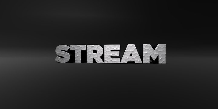 STREAM - hammered metal finish text on black studio - 3D rendered royalty free stock photo. This image can be used for an online website banner ad or a print postcard.
