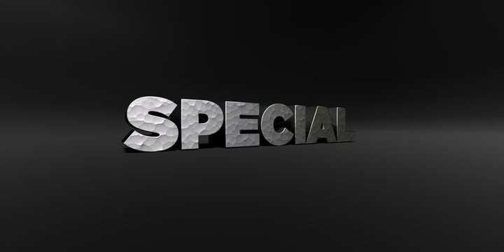 SPECIAL - hammered metal finish text on black studio - 3D rendered royalty free stock photo. This image can be used for an online website banner ad or a print postcard.