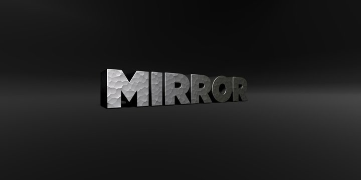 MIRROR - hammered metal finish text on black studio - 3D rendered royalty free stock photo. This image can be used for an online website banner ad or a print postcard.