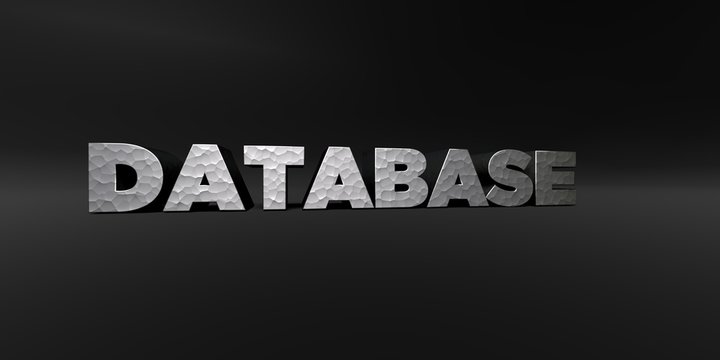 DATABASE - hammered metal finish text on black studio - 3D rendered royalty free stock photo. This image can be used for an online website banner ad or a print postcard.