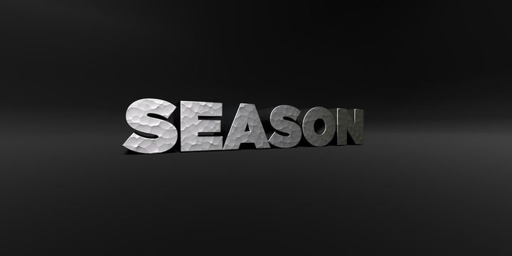 SEASON - hammered metal finish text on black studio - 3D rendered royalty free stock photo. This image can be used for an online website banner ad or a print postcard.