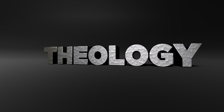 THEOLOGY - hammered metal finish text on black studio - 3D rendered royalty free stock photo. This image can be used for an online website banner ad or a print postcard.