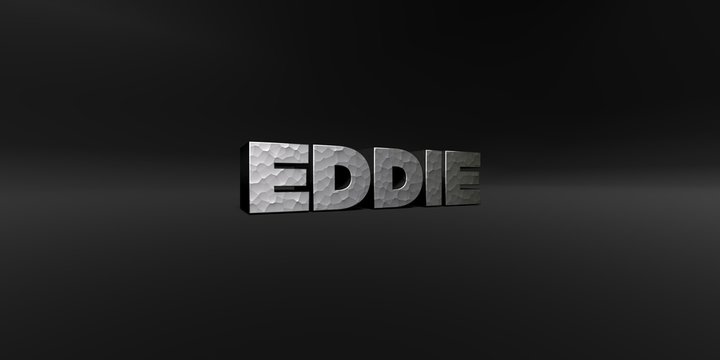 EDDIE - hammered metal finish text on black studio - 3D rendered royalty free stock photo. This image can be used for an online website banner ad or a print postcard.