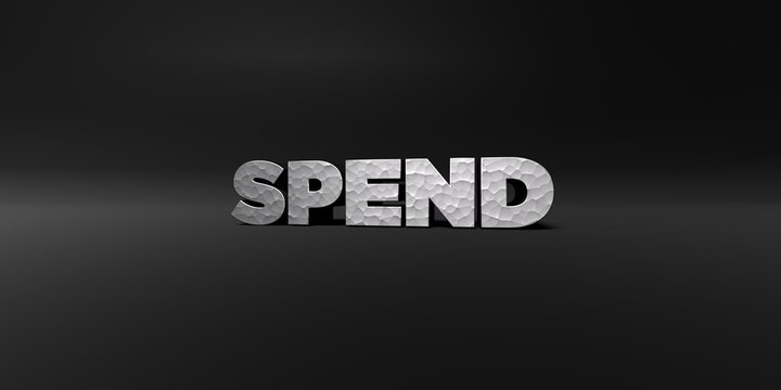 SPEND - hammered metal finish text on black studio - 3D rendered royalty free stock photo. This image can be used for an online website banner ad or a print postcard.