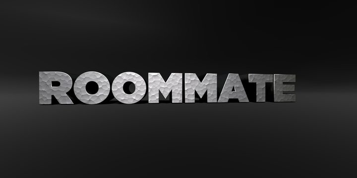 ROOMMATE - hammered metal finish text on black studio - 3D rendered royalty free stock photo. This image can be used for an online website banner ad or a print postcard.