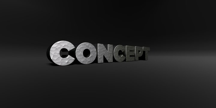 CONCEPT - hammered metal finish text on black studio - 3D rendered royalty free stock photo. This image can be used for an online website banner ad or a print postcard.