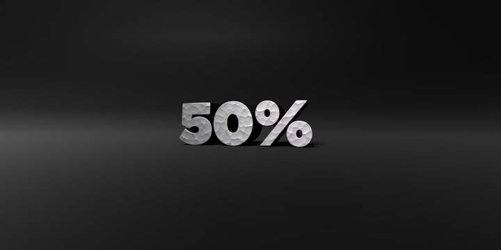50% - hammered metal finish text on black studio - 3D rendered royalty free stock photo. This image can be used for an online website banner ad or a print postcard.