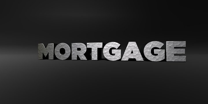 MORTGAGE - hammered metal finish text on black studio - 3D rendered royalty free stock photo. This image can be used for an online website banner ad or a print postcard.