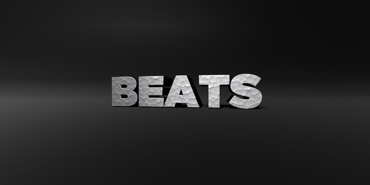 BEATS - hammered metal finish text on black studio - 3D rendered royalty free stock photo. This image can be used for an online website banner ad or a print postcard.