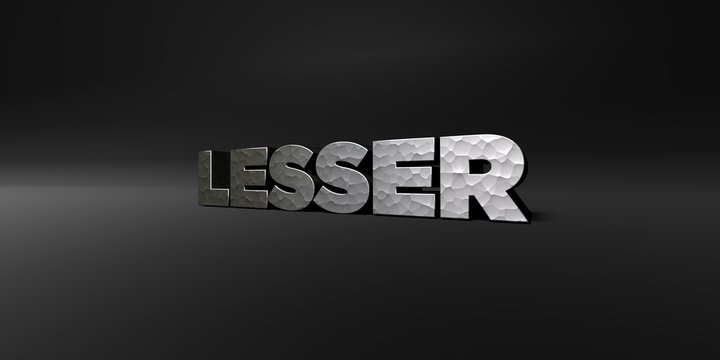 LESSER - hammered metal finish text on black studio - 3D rendered royalty free stock photo. This image can be used for an online website banner ad or a print postcard.