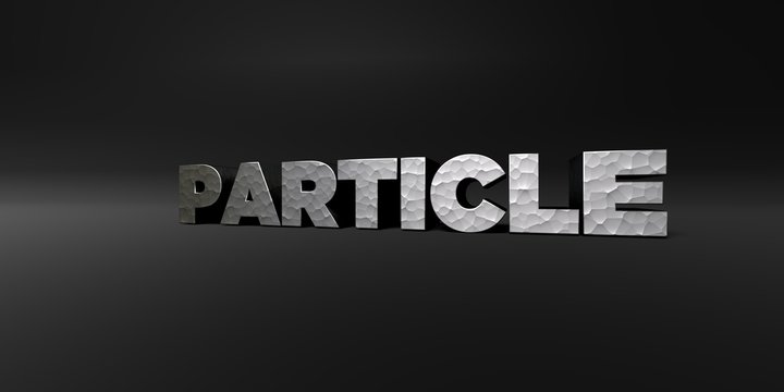 PARTICLE - hammered metal finish text on black studio - 3D rendered royalty free stock photo. This image can be used for an online website banner ad or a print postcard.