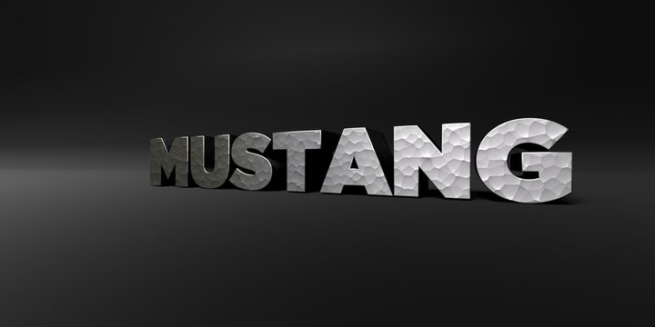 MUSTANG - hammered metal finish text on black studio - 3D rendered royalty free stock photo. This image can be used for an online website banner ad or a print postcard.