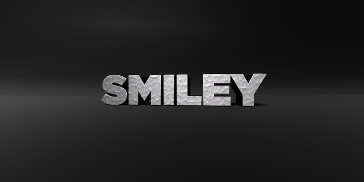 SMILEY - hammered metal finish text on black studio - 3D rendered royalty free stock photo. This image can be used for an online website banner ad or a print postcard.