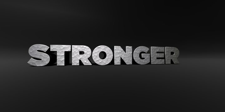 STRONGER - hammered metal finish text on black studio - 3D rendered royalty free stock photo. This image can be used for an online website banner ad or a print postcard.