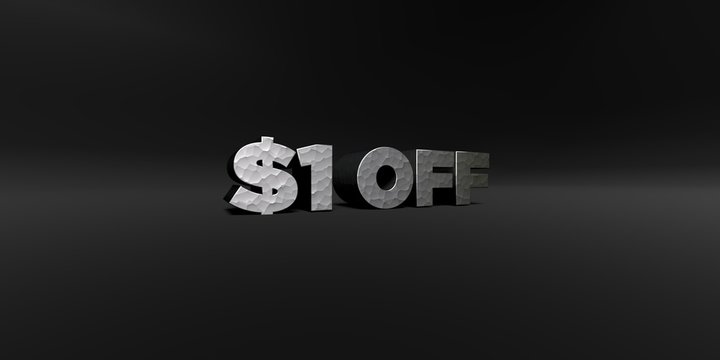 $1 OFF - hammered metal finish text on black studio - 3D rendered royalty free stock photo. This image can be used for an online website banner ad or a print postcard.