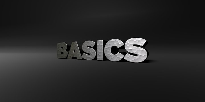 BASICS - hammered metal finish text on black studio - 3D rendered royalty free stock photo. This image can be used for an online website banner ad or a print postcard.