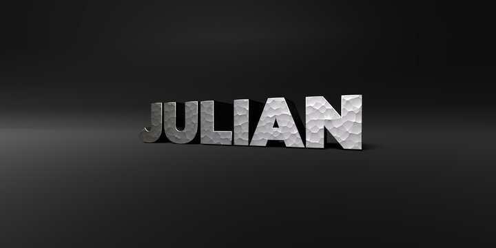 JULIAN - hammered metal finish text on black studio - 3D rendered royalty free stock photo. This image can be used for an online website banner ad or a print postcard.