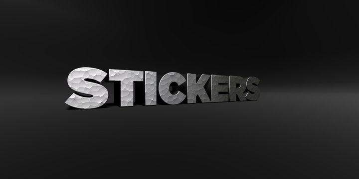 STICKERS - hammered metal finish text on black studio - 3D rendered royalty free stock photo. This image can be used for an online website banner ad or a print postcard.