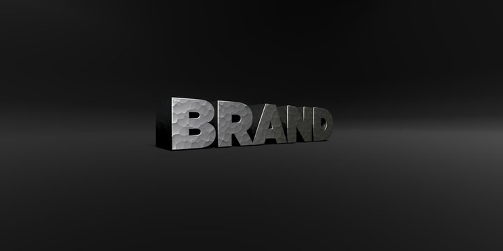BRAND - hammered metal finish text on black studio - 3D rendered royalty free stock photo. This image can be used for an online website banner ad or a print postcard.