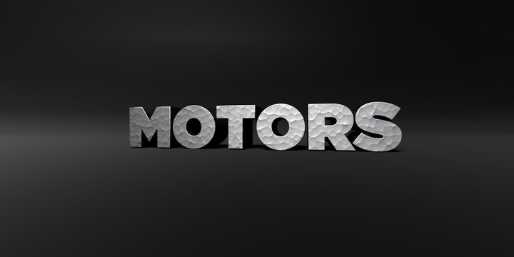 MOTORS - hammered metal finish text on black studio - 3D rendered royalty free stock photo. This image can be used for an online website banner ad or a print postcard.